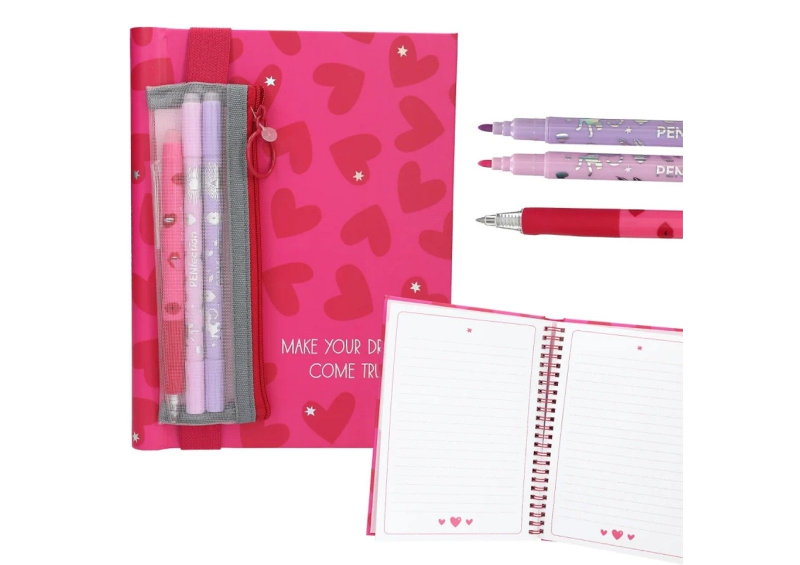 Set de escritura con cuaderno de corazones y bolígrafos en caja regalo